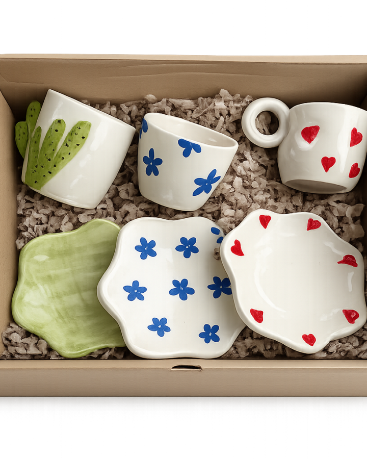 Coffret de céramiques artisanales fleuries
